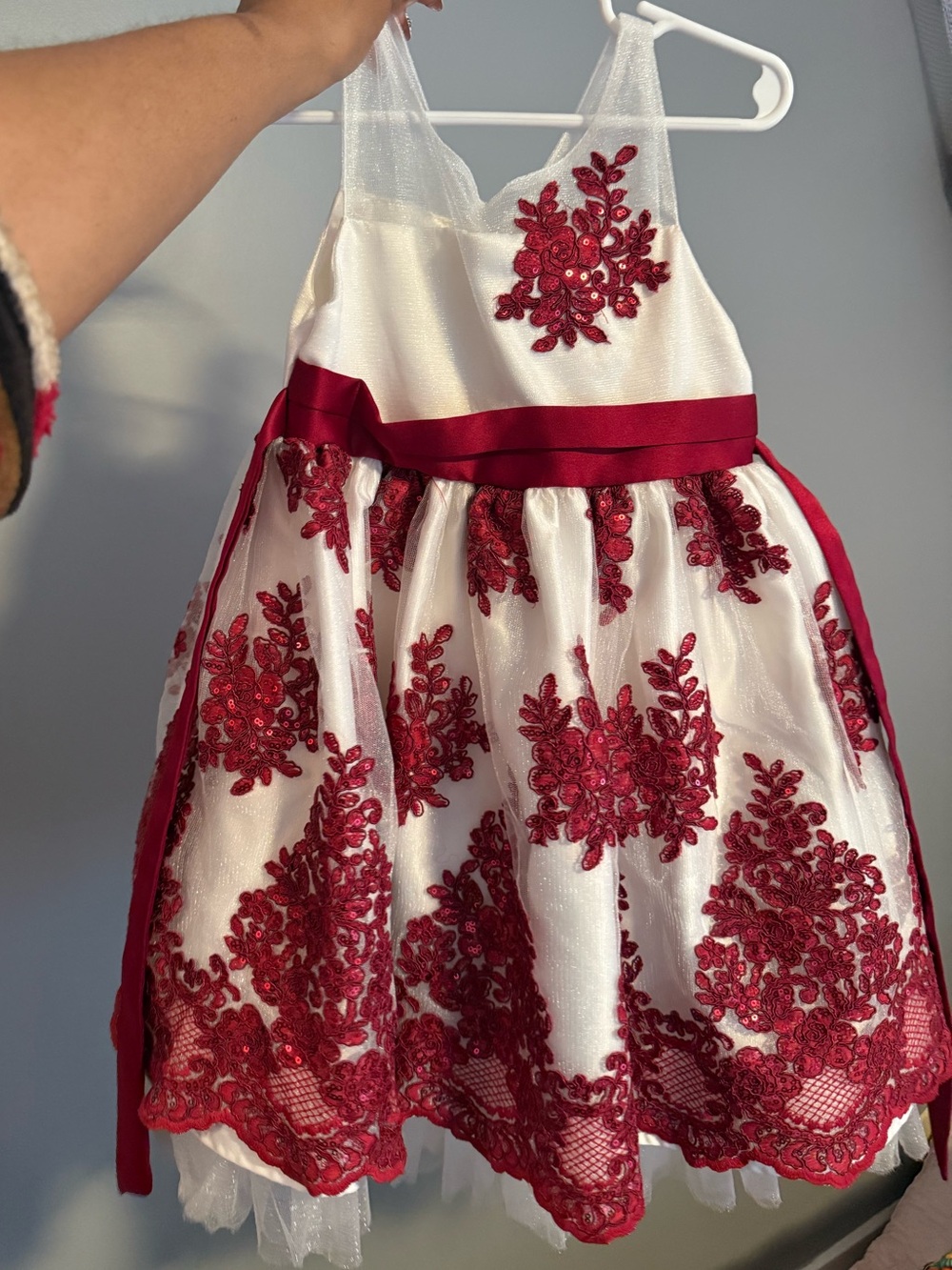 Girls' Burgundy and White Floral Lace Party Dress